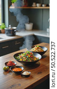 A modern kitchen island with a spread of international condiments. gochujang, tahini, harissa. surrounding a bowl of colorful food. Стоковое AI-видео, аниматор Sergey Grishin / Фотобанк Лори
