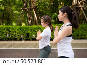 Young female and little girl disciple in the garden there are wooden walkways and a tunnel of fresh green trees. with yoga activities for health. Стоковое фото, агентство Ingram Publishing / Фотобанк Лори