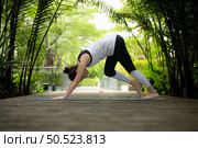 Young female in the garden there are wooden walkways and a tunnel of fresh green trees, with yoga activities for health. Стоковое фото, агентство Ingram Publishing / Фотобанк Лори