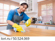 Young woman cleaning the table in the kitchen. Housekeeping and housekeeping concept. Стоковое фото, агентство Ingram Publishing / Фотобанк Лори