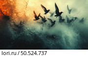 A surreal scene of a flock of birds soaring into the sky against a backdrop of turbulent water. The contrast of warm and cool tones heightens the drama of the moment, as if a sunset collides with a storm. A striking artistic image symbolizing freedom, chaos, and the transition from darkness to light. Ideal for themes of ecology, metaphors, freedom, inner struggle, and overcoming. Стоковое AI-изображение, AI-художник Анна Кривицкая / Фотобанк Лори