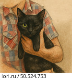 A touching illustration in warm tones depicting a man in a plaid shirt, tenderly holding a black cat with one eye. Despite its peculiarity, the cat looks confident and calm. The picture conveys an atmosphere of care, acceptance and love for animals with special needs. Suitable for themes of shelters, animal protection, disability, acceptance and human kindness. Стоковое AI-изображение, AI-художник Анна Кривицкая / Фотобанк Лори
