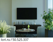 Furnished living room and wall mounted TV, 3D style. Стоковое фото, агентство Ingram Publishing / Фотобанк Лори