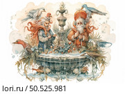 A fabulous winter illustration in watercolor. In the center of the composition is a decorated ice fountain, around which two characters stand: a girl with long wavy hair and an old man with a thick beard and a staff, reminiscent of Santa Claus. They are surrounded by many birds sitting on the fountain and among frozen plants. The atmosphere of the scene is filled with winter magic, kindness and anticipation of the holiday. The color scheme is maintained in soft bluish-warm tones, creating a feeling of coziness and magic. Стоковое AI-изображение, AI-художник Анна Кривицкая / Фотобанк Лори