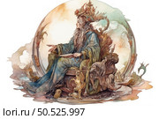 The watercolor fantasy illustration depicts a majestic woman with long gray hair, sitting on a throne decorated with mythological creatures and plant ornaments. She is dressed in luxurious clothes, reminiscent of royal robes. She holds a book in her hand, and her gaze is directed into the distance. The composition is surrounded by a circle, creating the effect of a medallion or arch, symbolizing magic, wisdom and connection with nature and fairy tales. The painting is inspired by medieval manuscripts, Slavic legends and Art Nouveau. Стоковое AI-изображение, AI-художник Анна Кривицкая / Фотобанк Лори