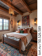 Cozy rustic bedroom with wooden beams, vintage textiles, and warm lighting creates a serene, inviting space inspired by bohemian and southwestern interior design. Стоковое AI-изображение, AI-художник Катерина Бондарец / Фотобанк Лори