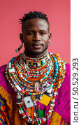 Portrait of a man adorned with colorful beaded necklaces against a pink backdrop. Стоковое AI-изображение, AI-художник Данила Большаков / Фотобанк Лори