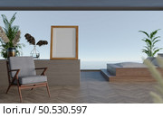 3D illustration mockup blank photo frame in bedroom near swimming pool, interior and decorated with bedding and rattan chair with plant, rendering. Стоковое фото, агентство Ingram Publishing / Фотобанк Лори