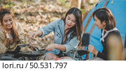 young asian woman cooking and her friend enjoy to make the meal in pan, They are talk and laugh with fun together while camping in nature park. Стоковое фото, агентство Ingram Publishing / Фотобанк Лори