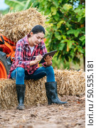 Asian young female farmer sitting on bale of hay with big tractor machine in farmland. Modern technologies in agriculture management and agribusiness concept. Стоковое фото, агентство Ingram Publishing / Фотобанк Лори