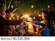 Portrait of Happy Asian group of friends having fun with sparklers outdoor - Young people having fun with fireworks at night time  - People, food, drink lifestyle, new year celebration concept. Стоковое фото, агентство Ingram Publishing / Фотобанк Лори