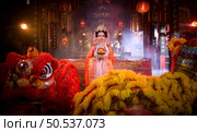 Chinese woman with yellow and red lions It is considered to enhance the prosperity for oneself on the occasion of the Chinese New Year festival every year and in Chinese, it means prosperous, fortunate, happy, prosperous. Стоковое фото, агентство Ingram Publishing / Фотобанк Лори