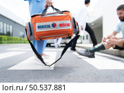 First aid bag, For the medical team who perform first aid in accidents in the ambulance. Стоковое фото, агентство Ingram Publishing / Фотобанк Лори