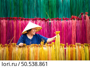 Processing of flax trees into different colors to be weaved into mats. One of the occupations and lifestyles of village people in rural Thailand. Стоковое фото, агентство Ingram Publishing / Фотобанк Лори