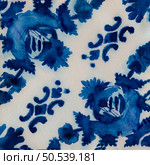 Watercolor illustration of portuguese ceramic tiles pattern. Single square tile. Стоковое фото, агентство Ingram Publishing / Фотобанк Лори