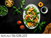 Peach Panzanella salad with crusty bread, basil leaves, arugula, feta cheese and balsamic vinegar, top view. Стоковое фото, агентство Ingram Publishing / Фотобанк Лори