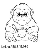 Monkey with a bowl of cereal. Vector illustration for coloring book. Стоковая иллюстрация, агентство Ingram Publishing / Фотобанк Лори