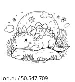cute stegosaurus in the field with moon vector illustration design. Стоковая иллюстрация, агентство Ingram Publishing / Фотобанк Лори