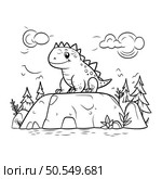 Dinosaur coloring page. Cute cartoon stegosaurus on the rock. Стоковая иллюстрация, агентство Ingram Publishing / Фотобанк Лори