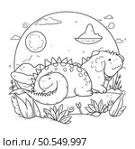 Dinosaur doodle coloring page. Cute cartoon dino. Стоковая иллюстрация, агентство Ingram Publishing / Фотобанк Лори