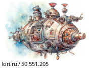 A watercolor illustration of a sci-fi steampunk spaceship. The ship has a rounded shape and many mechanical parts: rivets, pipes, gears and viewing windows. The hull is decorated with vintage elements and bronze details, creating a feeling of old technology. Warm and cool tones are combined with rusty shades, giving the image a picturesque and sci-fi atmosphere. The illustration is done with humor and detail, perfect for themes related to imagination, adventure and retrofuturism. Стоковое AI-изображение, AI-художник Анна Кривицкая / Фотобанк Лори