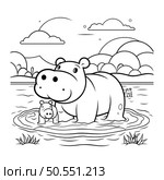 Coloring book for children. Hippopotamus with a cub in the water. Стоковая иллюстрация, агентство Ingram Publishing / Фотобанк Лори