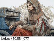 An artistic portrait of a young woman in an exquisite historical costume, executed in a decorative and ornamental style. She sits in a carved blue carriage, decorated with a rich pattern. Her clothes are a combination of textured fabrics with oriental and Slavic motifs, and a complex headdress gives the image majesty and mystery. The background is stylized as an artistic ornament, in harmony with the overall style. The image is filled with the spirit of antiquity, nobility and romance, ideal for the themes of history, ethnic fashion, culture and fantasy. Стоковое AI-изображение, AI-художник Анна Кривицкая / Фотобанк Лори