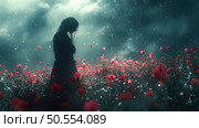Atmospheric scene with a silhouette of a girl standing in the middle of a scarlet flowering field under pouring rain. The dark sky with thunderclouds creates a contrast with the bright petals, enhancing the drama and emotion of the frame. Light breaks through the clouds, reflecting in the raindrops and enhancing the effect of loneliness, thoughtfulness and inner struggle. Ideal for themes of emotions, melancholy, nature, art, cinematic aesthetics and visual storytelling. Стоковое AI-изображение, AI-художник Анна Кривицкая / Фотобанк Лори