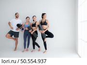 A group of female and male athletes stood and chatted amicably in the studio before beginning with the yoga class. Стоковое фото, агентство Ingram Publishing / Фотобанк Лори