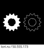 Cogset sprocket bicycle star gear service sprocket cogs wheel with teeth engages with chain set icon white color vector illustration image simple solid fill outline contour line thin flat style. Cogset sprocket bicycle star gear service sprocket cogs wheel with teeth engages with chain set icon white color vector illustration image solid fill outline contour line thin flat style. Стоковая иллюстрация, агентство Ingram Publishing / Фотобанк Лори