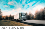3D illustration of A White Truck Or Traction Unit In Motion On Road, Freeway. Asphalt Motorway Highway Against Background Of Mountains Landscape. Business Transportation And Trucking Industry. Стоковое фото, агентство Ingram Publishing / Фотобанк Лори
