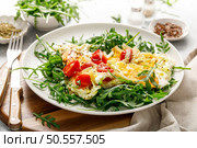 Fried eggs, omelette with onions, tomatoes and fresh arugula salad. Стоковое фото, агентство Ingram Publishing / Фотобанк Лори