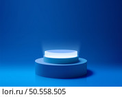 3D blue podium with a spotlight on bottom against a blue background, Product display, Mockup. Vector illustration. vector-mar-2024-29. Стоковая иллюстрация, агентство Ingram Publishing / Фотобанк Лори