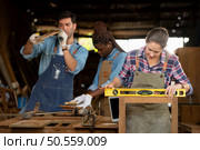 Portrait of carpenter female worker standing in front of colleague in workshop, Eyesight is utilized to ensure accuracy. Стоковое фото, агентство Ingram Publishing / Фотобанк Лори
