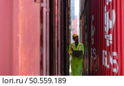 Workers in the import and export industries inspect the cargo of containers while holding a laptop and standing between them. Стоковое фото, агентство Ingram Publishing / Фотобанк Лори