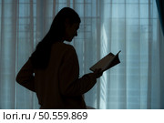 In silhouette, Pregnant woman reading a stories to her unborn child in the living room at home. Стоковое фото, агентство Ingram Publishing / Фотобанк Лори