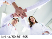 Medical teams encourage each other before treating seriously ill patients in the hospital. Стоковое фото, агентство Ingram Publishing / Фотобанк Лори