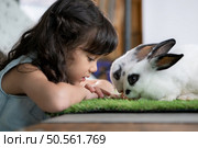 Smiling little girl and with their beloved fluffy rabbit, showcasing the beauty of friendship between humans and animals. Стоковое фото, агентство Ingram Publishing / Фотобанк Лори