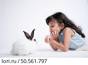 Smiling little girl and with their beloved rabbit, showcasing the beauty of friendship between humans and animals. Стоковое фото, агентство Ingram Publishing / Фотобанк Лори