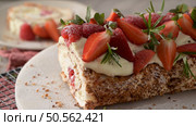 Meringue roll cake with cream, raspberries. Roulade, summer dessert served in ceramic plate. Стоковое фото, агентство Ingram Publishing / Фотобанк Лори