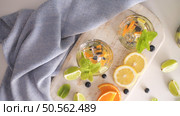 Summer healthy cocktails of citrus infused waters, lemonades or mojitos, with lime lemon orange blueberries and mint, diet detox beverages, in glasses on light background. Стоковое фото, агентство Ingram Publishing / Фотобанк Лори