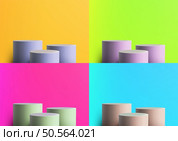 3D circular blue podium stands against a blank blue wall background, illuminated by soft diffused light. Ideal for product display, mockup, or showroom setups. Стоковая иллюстрация, агентство Ingram Publishing / Фотобанк Лори