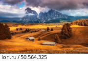 Amazing Alpe di Siusi at sunset in autumn. Colorful landscape with alpine mountains in low clouds, village with wooden houses, orange meadows, flowers on hills, dramatic sky in fall. Dolomites, Italy. Стоковое фото, агентство Ingram Publishing / Фотобанк Лори