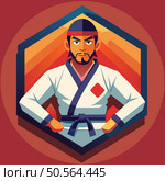 A bold and colorful illustration of a karate fighter in a white gi. standing confidently with his arms crossed. The geometric design adds a modern touch. perfect for branding or martial arts promotions. Стоковая иллюстрация, агентство Ingram Publishing / Фотобанк Лори