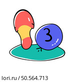 A playful cartoon illustration featuring a red and yellow striped object resembling a shoe. a blue sphere with the number 3 inside. and a green base.  Perfect for childrens books. educational materials. or fun. quirky designs. Стоковая иллюстрация, агентство Ingram Publishing / Фотобанк Лори