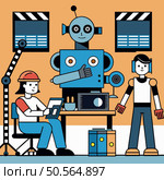 A friendly robot gives a thumbs up as it works with two humans on a creative project. This illustration is perfect for websites and presentations about AI. technology. and collaboration. Стоковая иллюстрация, агентство Ingram Publishing / Фотобанк Лори