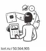 A hand drawn illustration of a person interacting with a computer. The person is wearing a hat and the computer has a stylized design. This illustration is perfect for representing technology. AI. and digital interaction. Стоковая иллюстрация, агентство Ingram Publishing / Фотобанк Лори