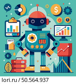 A friendly robot stands confidently amidst a colorful background of data visualizations and financial symbols. representing the power of AI in business and finance. Стоковая иллюстрация, агентство Ingram Publishing / Фотобанк Лори
