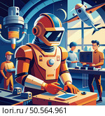 A futuristic illustration of a robot interacting with humans in a workshop setting. The robot. with a distinctive helmet design. is interacting with workers. showcasing the potential of artificial intelligence in modern workplaces. Стоковая иллюстрация, агентство Ingram Publishing / Фотобанк Лори