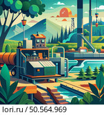 A stylized illustration depicting a futuristic factory nestled in a vibrant natural landscape. The image features a colorful. geometric design and combines elements of nature and technology. Стоковая иллюстрация, агентство Ingram Publishing / Фотобанк Лори
